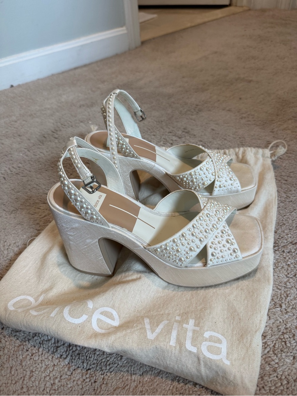 Dolce Vita White Pearl Beaded Chunky Heel Sandal